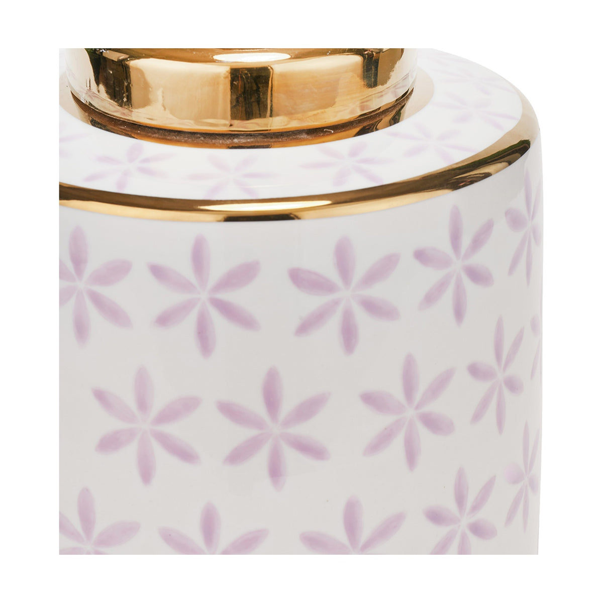 Close-up of the Thea Lilac & Gold Leaf Ceramic Table Lamp Base showing a gold neck fitting above a white ceramic body patterned with lilac star-flower motifs.