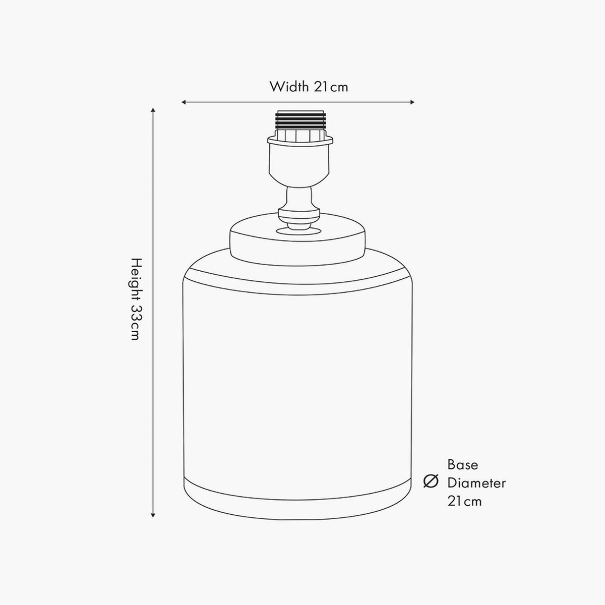 Line drawing of the Thea ceramic table lamp base showing cylindrical body with dimensions labelled: 33cm height, 21cm width, and 21cm base diameter.