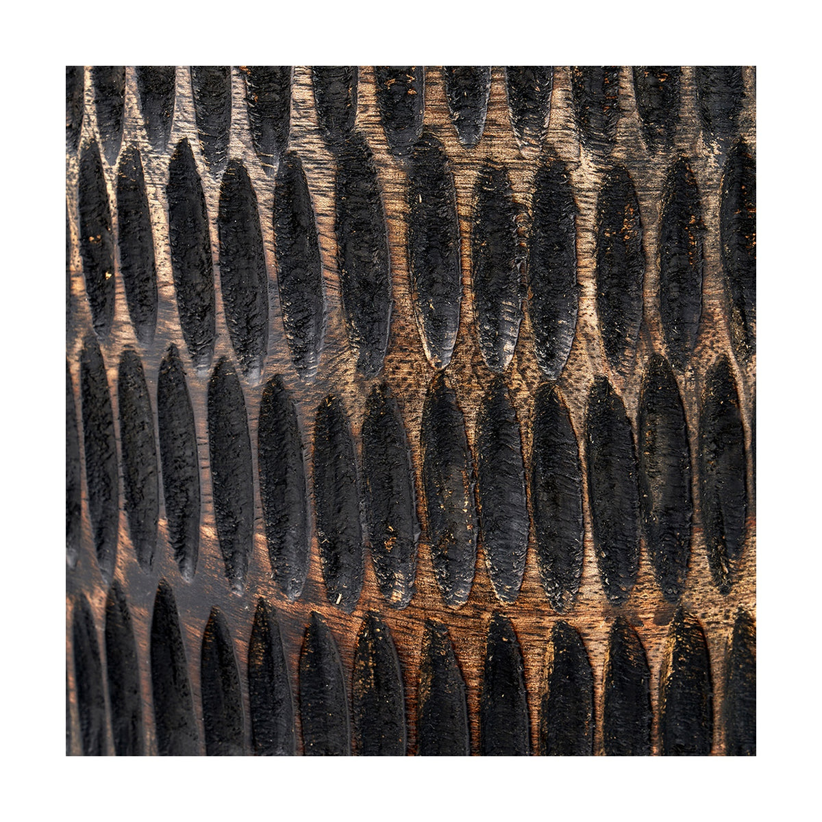 Close-up of the Alaric Antique Black Wash Mango Table Lamp base, showing carved oval ridges in a textured wood finish with black wash detailing.