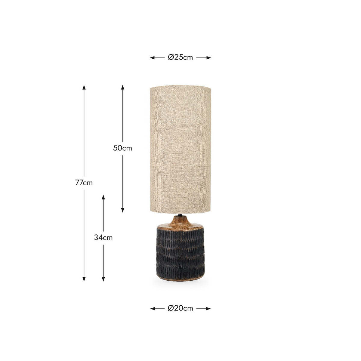 Alaric Antique Black Wash Mango Table Lamp, 77cm tall with a textured black ridged wood base and cylindrical linen shade, shown with dimensions labelled on a white background.
