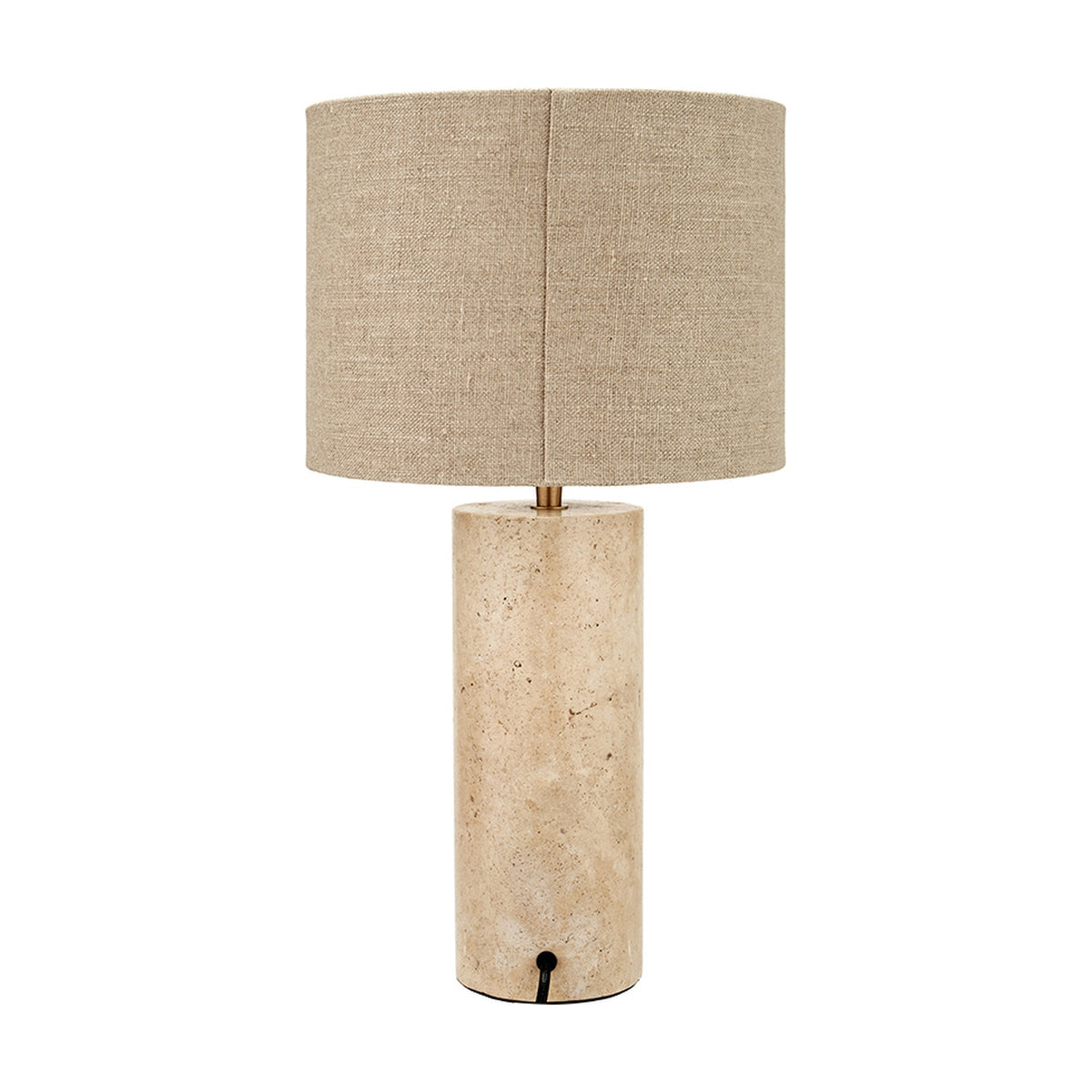 Kanoa Limestone Cylinder Table Lamp, 47cm, with a natural stone cylindrical base and a wide beige linen drum shade, shown on a plain white background.
