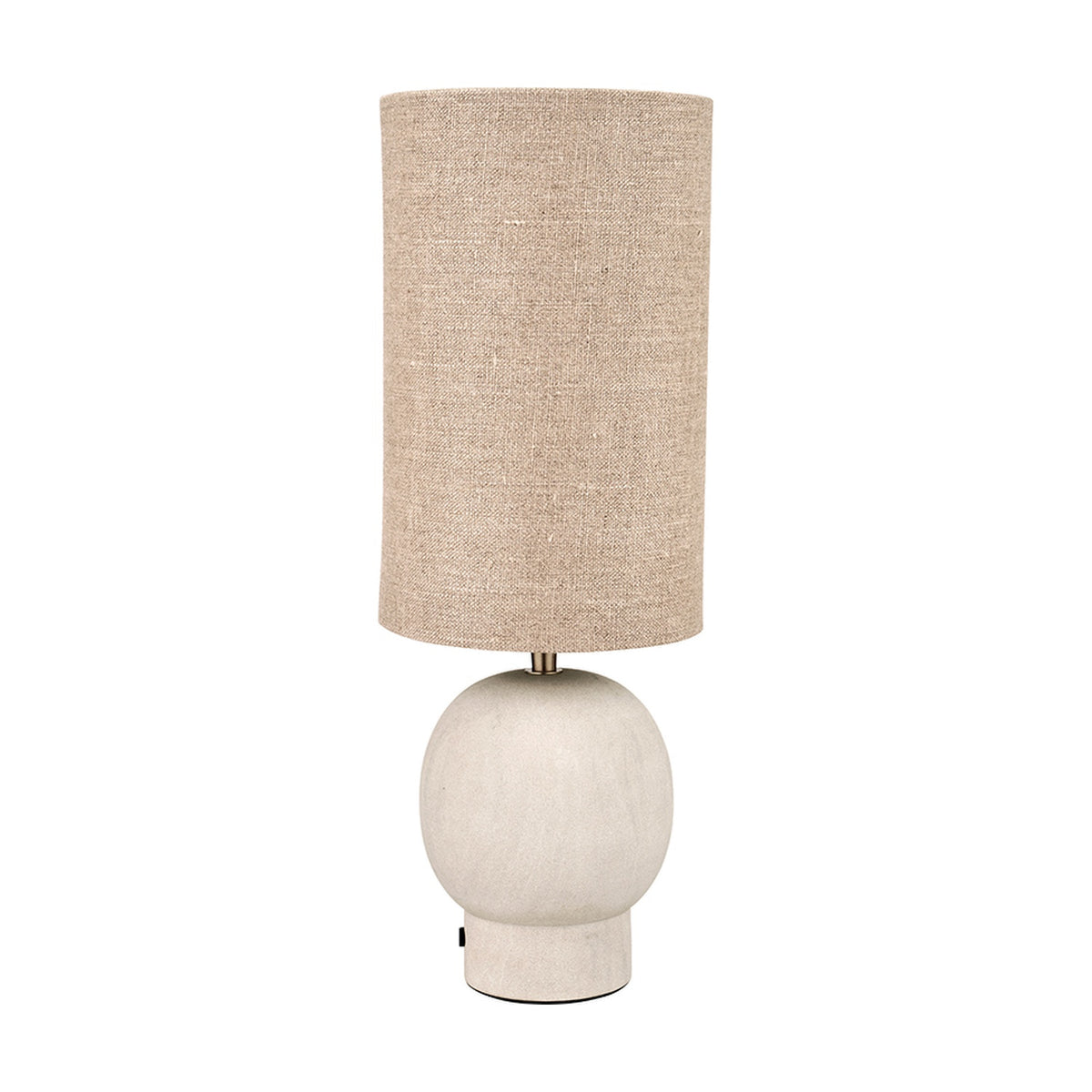 Althea Sandstone Table Lamp, 48cm, with a round sand-coloured stone base and tall cylindrical natural linen shade, shown on a plain white background.