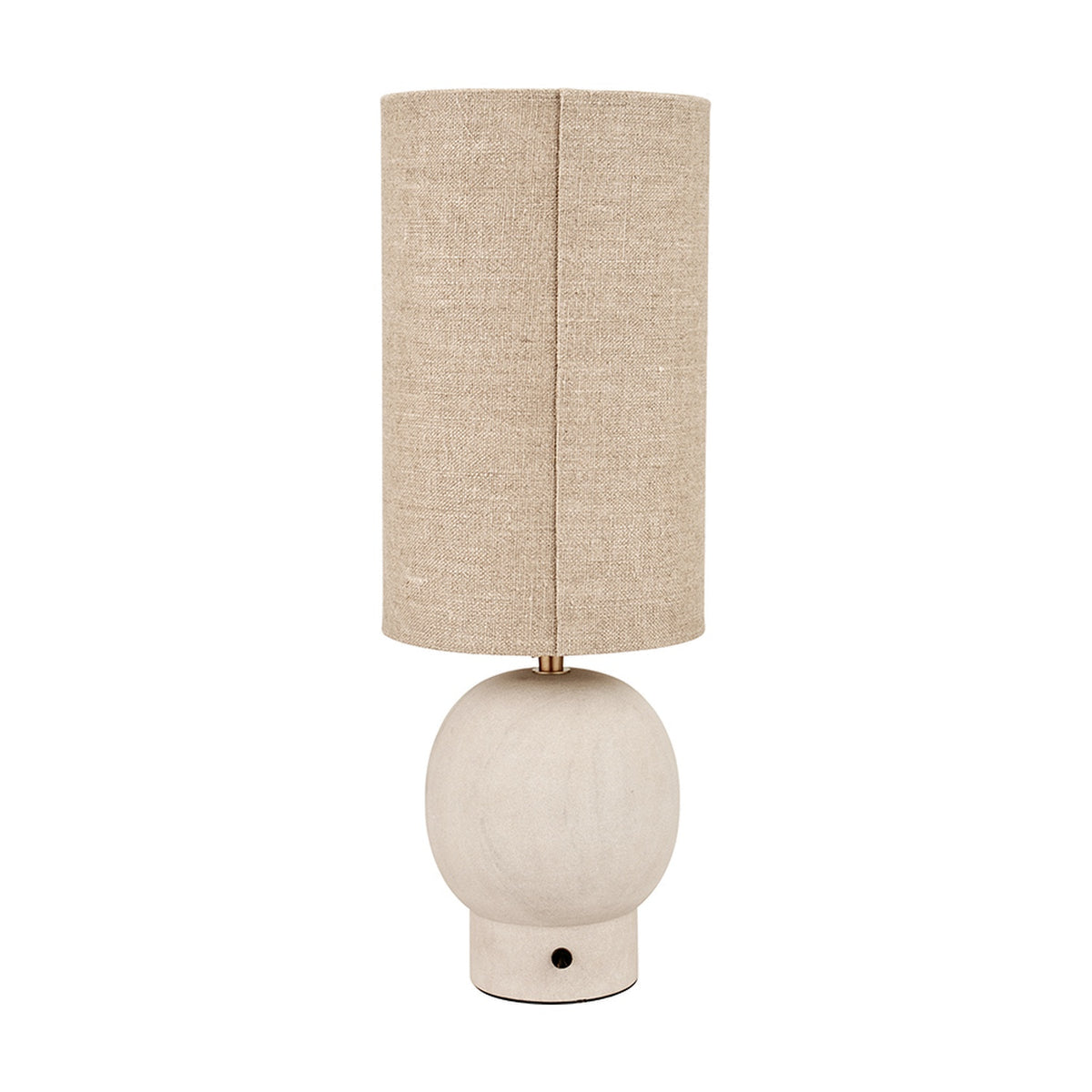 Althea Sandstone Table Lamp, 48cm, with round sand-coloured base and tall cylindrical natural linen shade, on a plain white background.