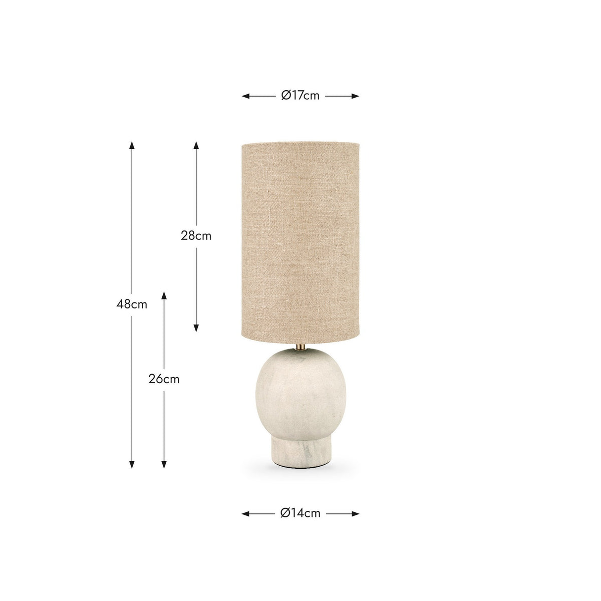 Althea Sandstone Table Lamp with round marble base and cylindrical natural linen shade, shown with dimension lines: 48cm height, 26cm base, Ø17cm shade, Ø14cm base.
