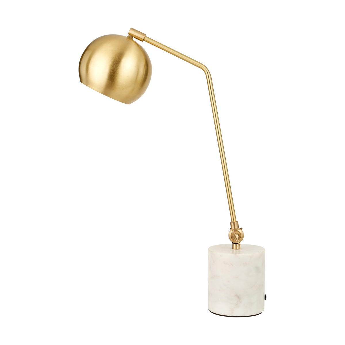 Eloise Gold Brass & Marble Table Lamp, 57cm, with a spherical brass shade on an angled arm and round white marble base, on a plain white background.
