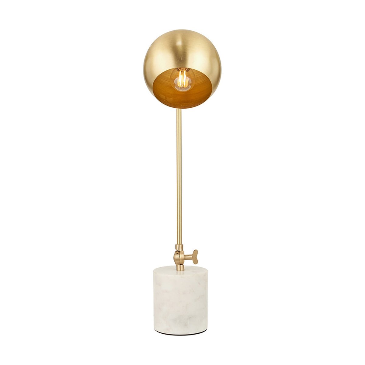 Eloise Gold Brass & Marble Table Lamp, 57cm, with round brass globe shade, slender stem, adjustable joint, and cylindrical white marble base on a plain white background.