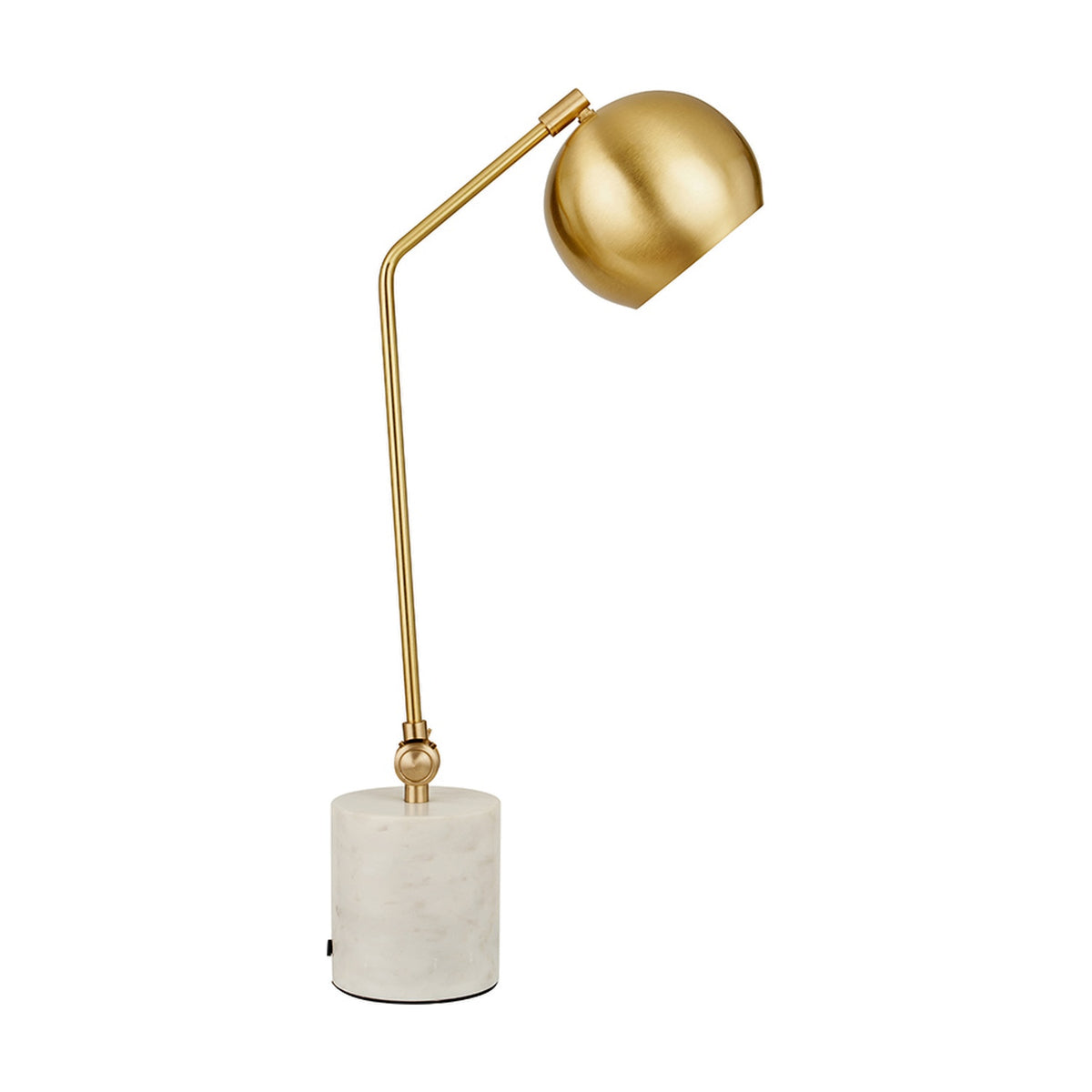 Eloise Gold Brass & Marble Table Lamp, 57cm, with a domed brushed gold shade on an angled arm and cylindrical white marble base, shown on a plain white background.