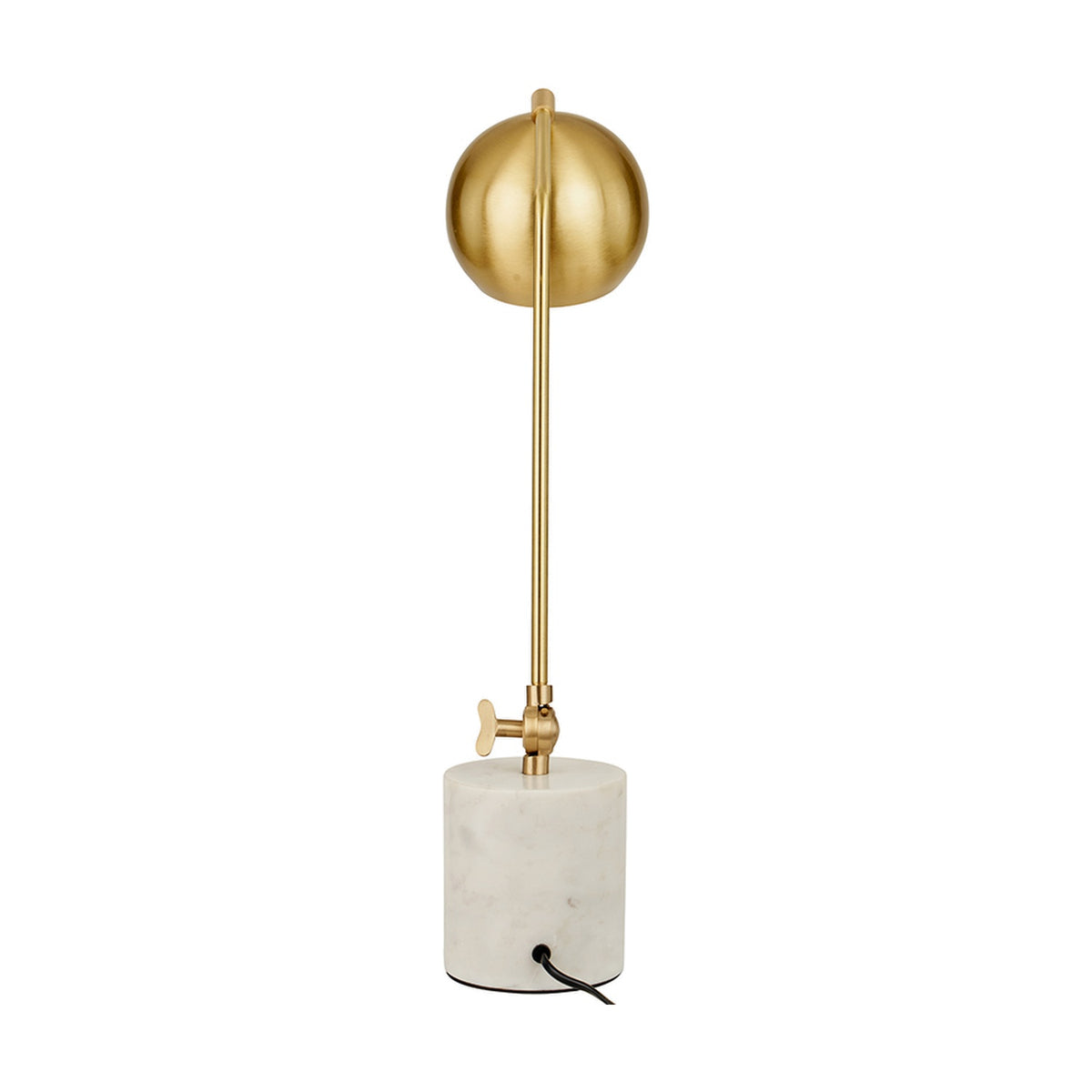 Eloise Gold Brass & Marble Table Lamp, 57cm, with a round brass dome shade, slender stem, adjustable knob, and cylindrical white marble base on a plain background.