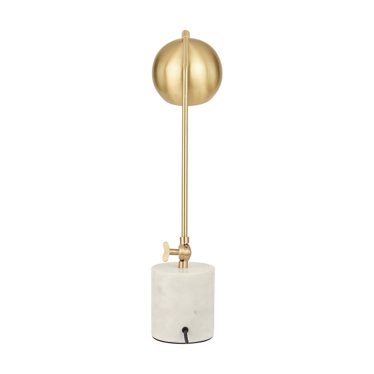 Eloise Gold Brass & Marble Table Lamp, 57cm, with round brass dome shade, slim stem, adjustable joint, and cylindrical white marble base on a plain background.