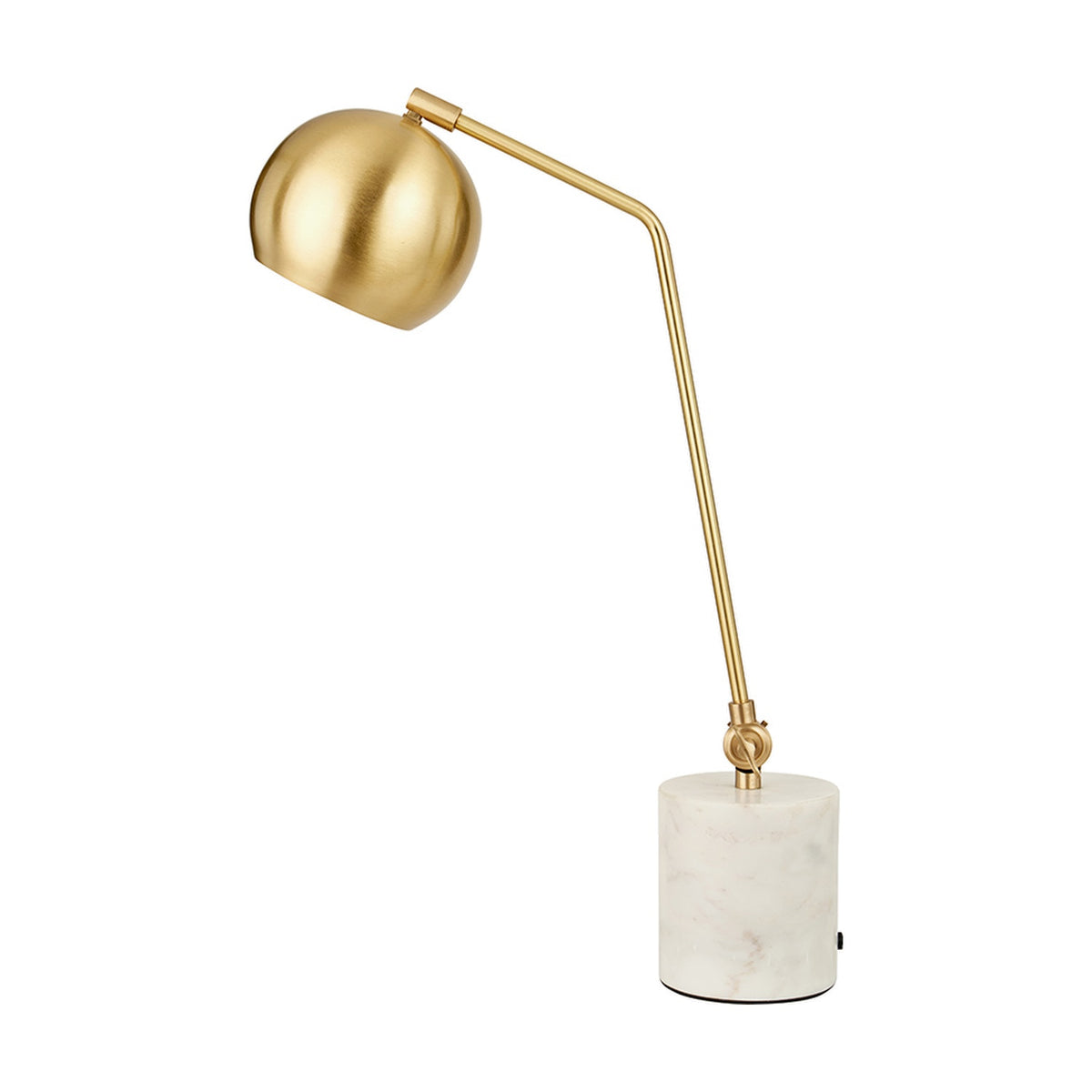 Eloise Gold Brass & Marble Table Lamp, 57cm, with a round domed shade, angled brass arm, and cylindrical white marble base, on a plain white background.