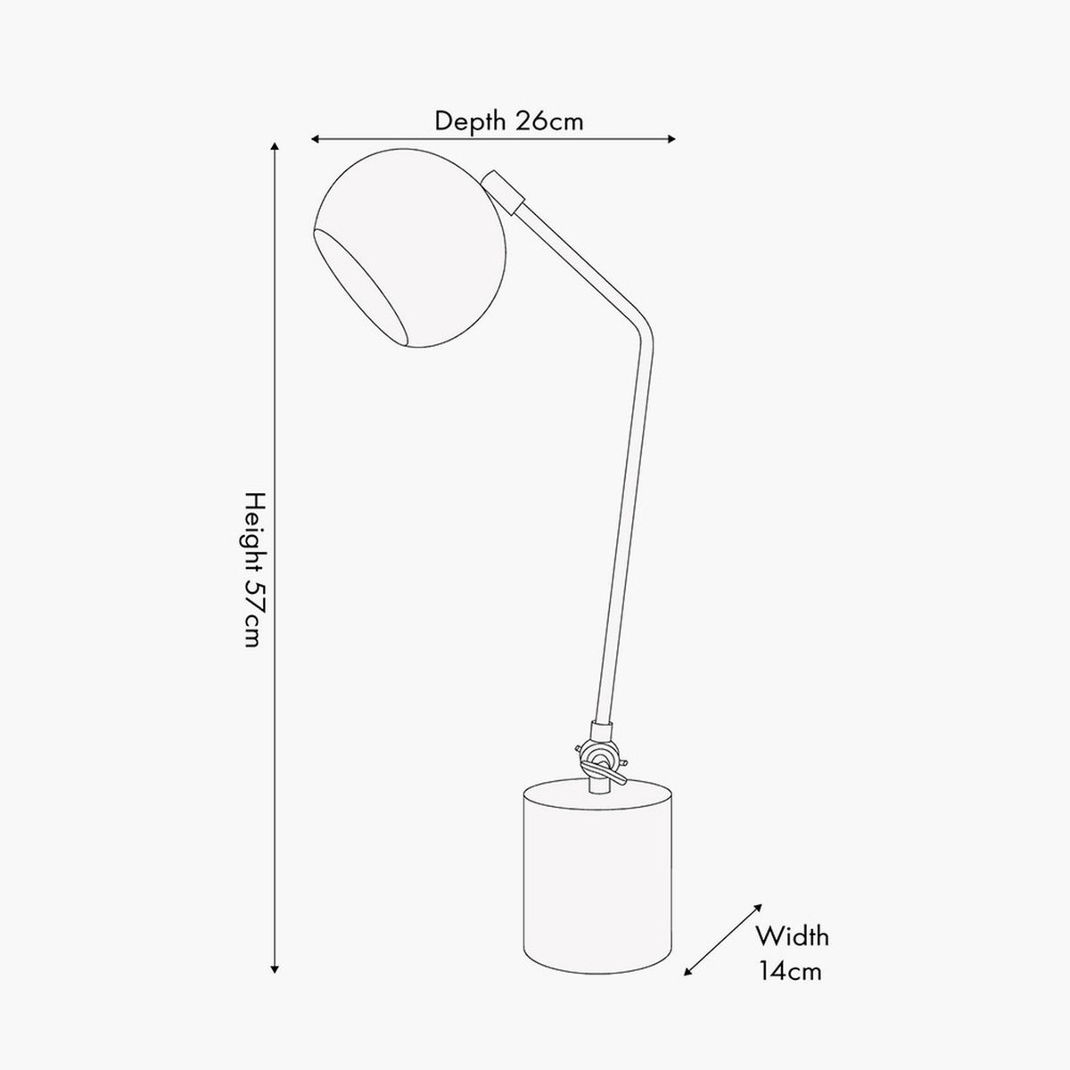 Line drawing of the Eloise Gold Brass & Marble Table Lamp showing a round shade on an angled arm and cylindrical marble base, with dimensions 57cm height, 26cm depth, 14cm width.