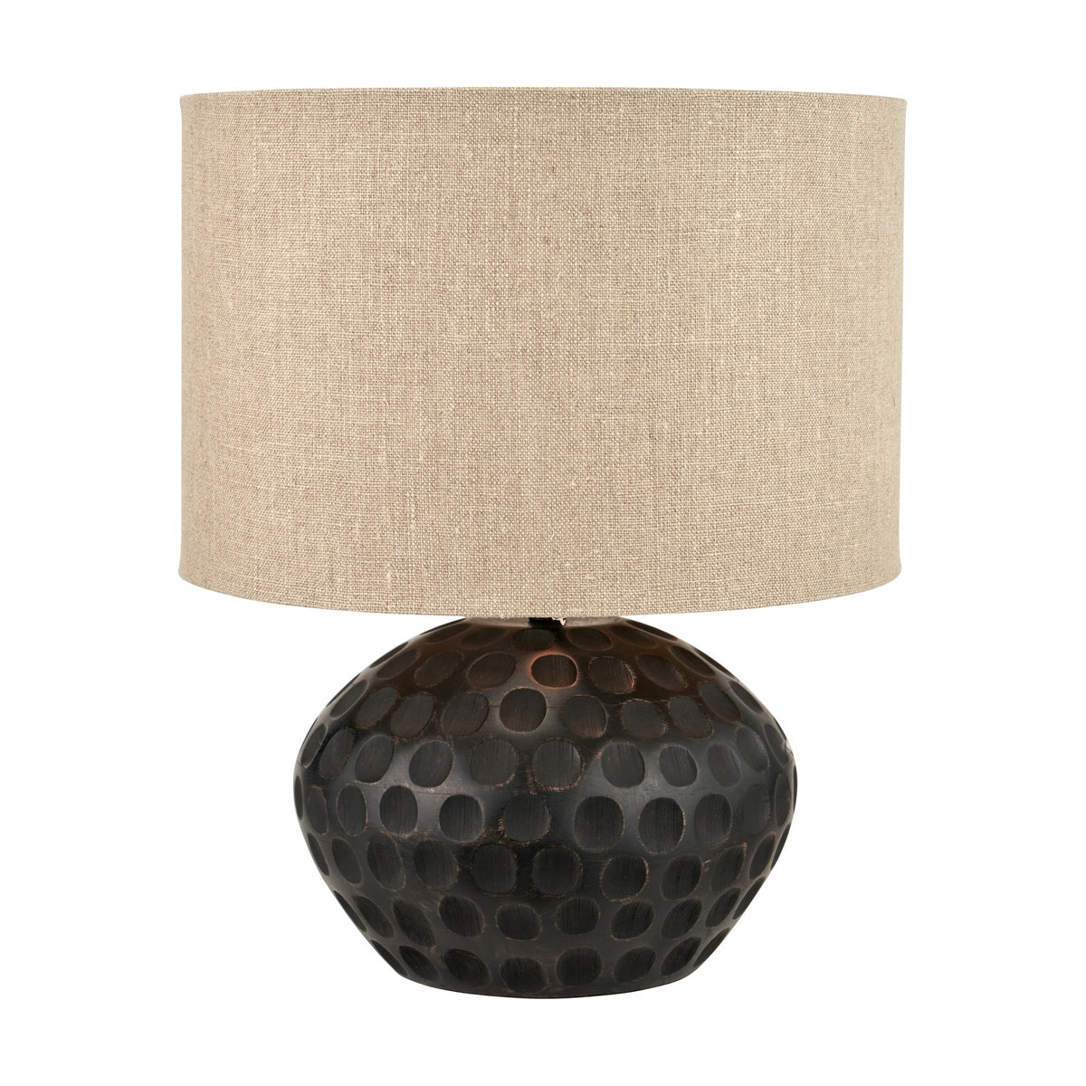 Dante Antique Black Mango Table Lamp, 42cm, with a rounded dimpled dark wood base and cylindrical natural linen drum shade, shown against a plain white background.