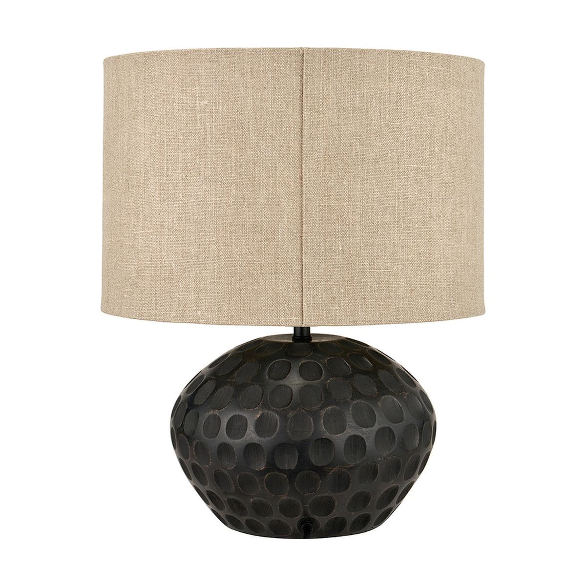 Dante Antique Black Mango Table Lamp with a rounded, dimpled wood base and a natural linen drum shade, shown on a plain white background.