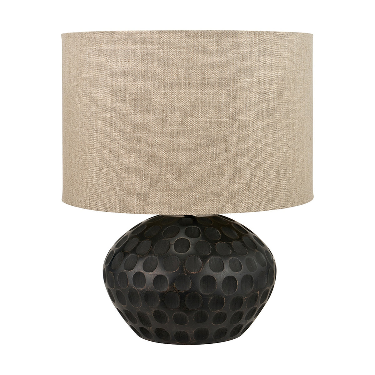 Dante Antique Black Mango Table Lamp, 42cm, with a rounded dimpled dark wood base and a natural linen drum shade, shown on a plain white background.