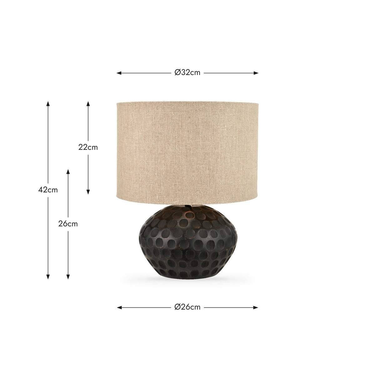 Dante Antique Black Mango Table Lamp with textured dimpled round base and natural linen drum shade, shown with dimensions on a white background.