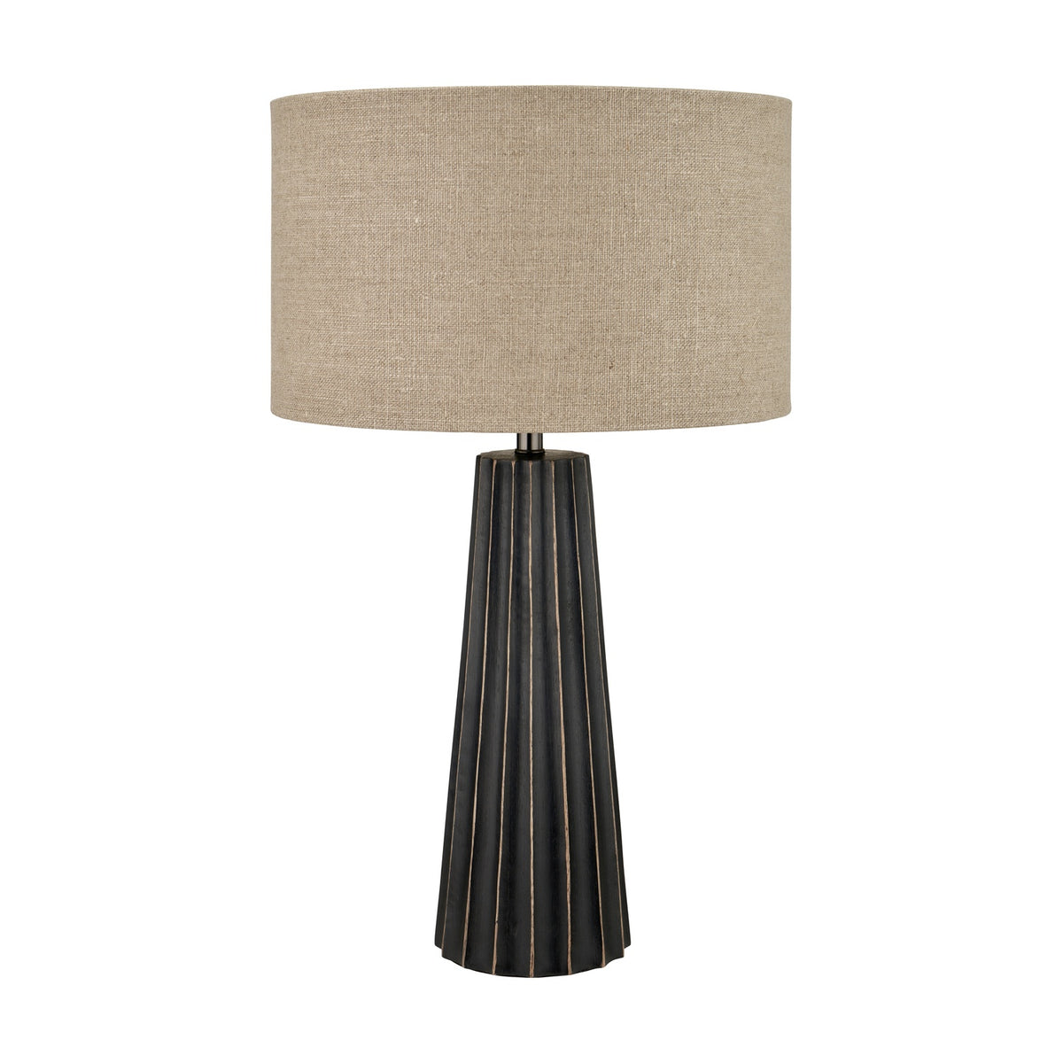 Draydon Black Wash Mango Textured Cone Table Lamp, 51cm, with a ribbed conical black wood base and a beige linen drum shade, on a plain white background.