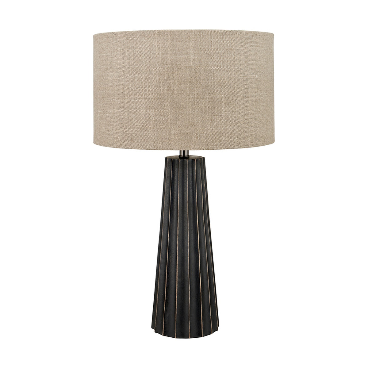 Draydon Black Wash Mango Textured Cone Table Lamp, 51cm, with a fluted black wood base and a beige linen drum shade, shown on a plain white background.