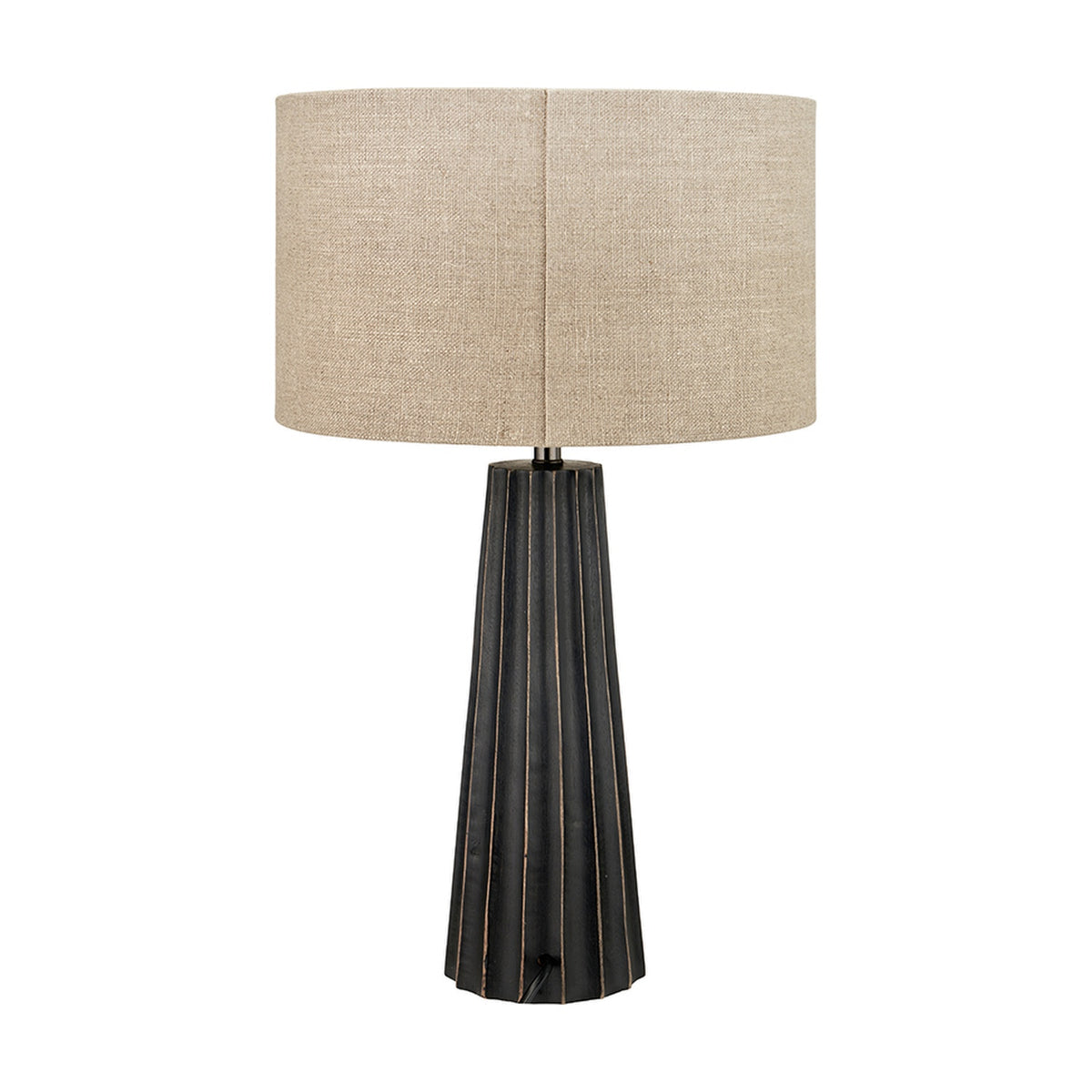 Draydon Black Wash Mango Textured Cone Table Lamp, 51cm, with ridged tapered wood base and beige linen drum shade on a plain white background.