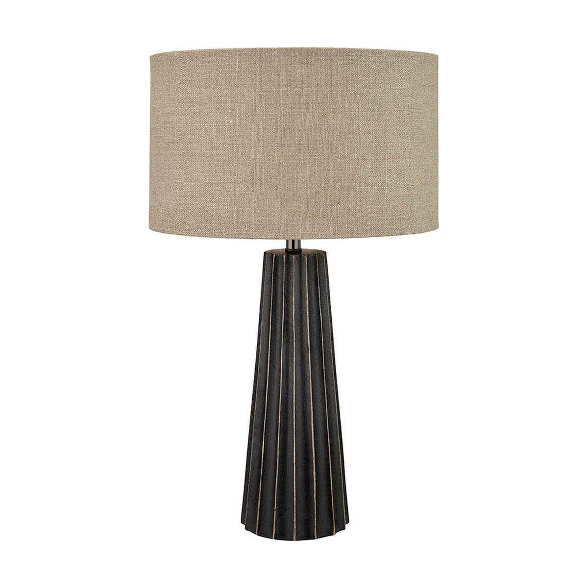 Draydon table lamp with a black wash mango wood ridged cone base and a beige linen drum shade, shown on a plain white background.