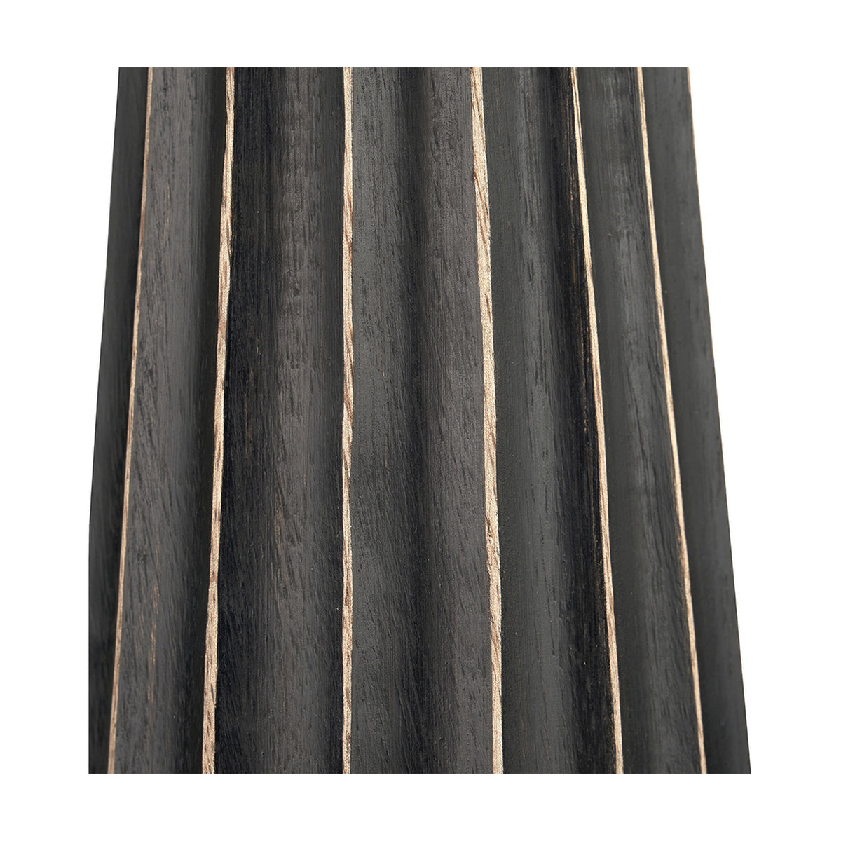 Close-up of the Draydon Black Wash Mango Textured Cone Table Lamp base, showing ribbed wood grain in black wash finish with pale streaks along each groove.