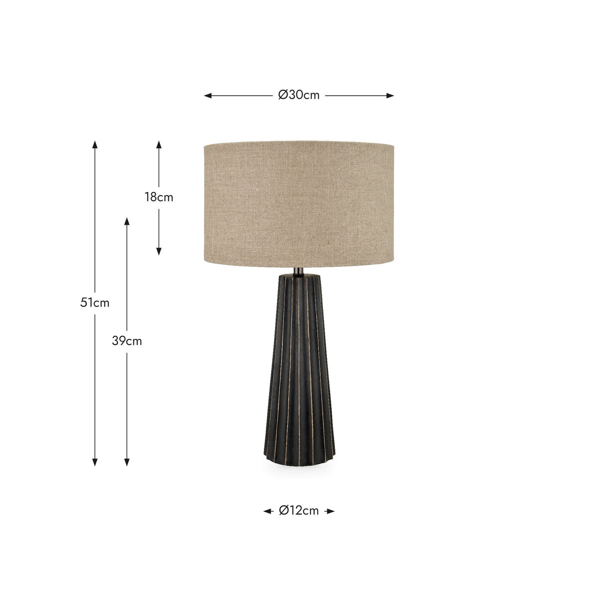 Draydon Black Wash Mango Textured Cone Table Lamp, 51cm tall with a ridged conical wood base and linen drum shade, shown on a white background with dimension labels.