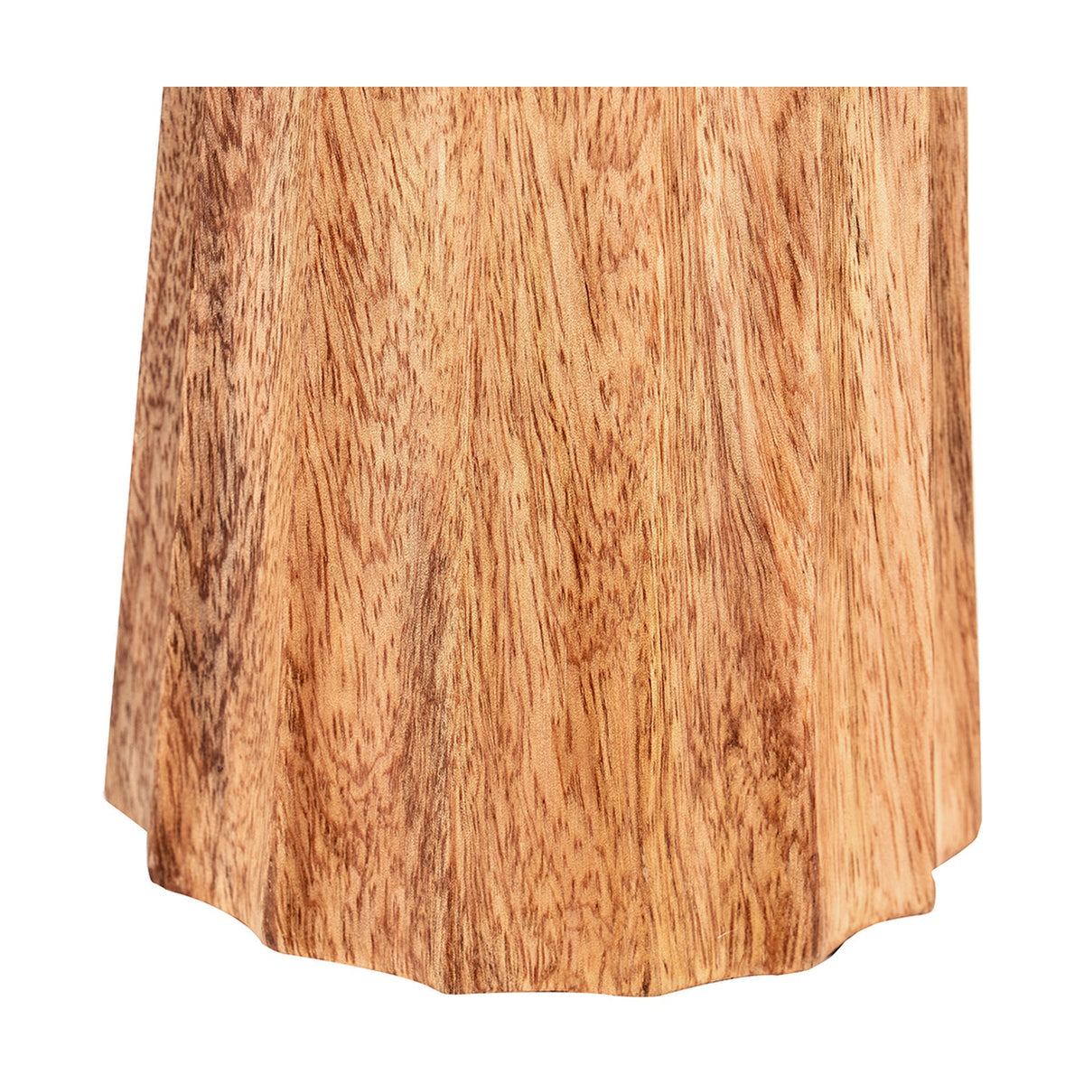Close-up of the Draydon Mango Textured Cone Table Lamp base, showing natural wood grain and a scalloped, ridged edge on a white background.