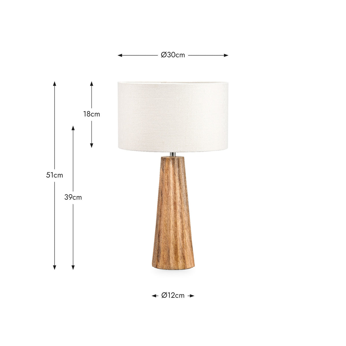 Draydon Mango Textured Cone Table Lamp, 51cm tall with a tapered wood base and white drum shade, shown with dimension labels (Ø30cm shade, Ø12cm base) on a white background.