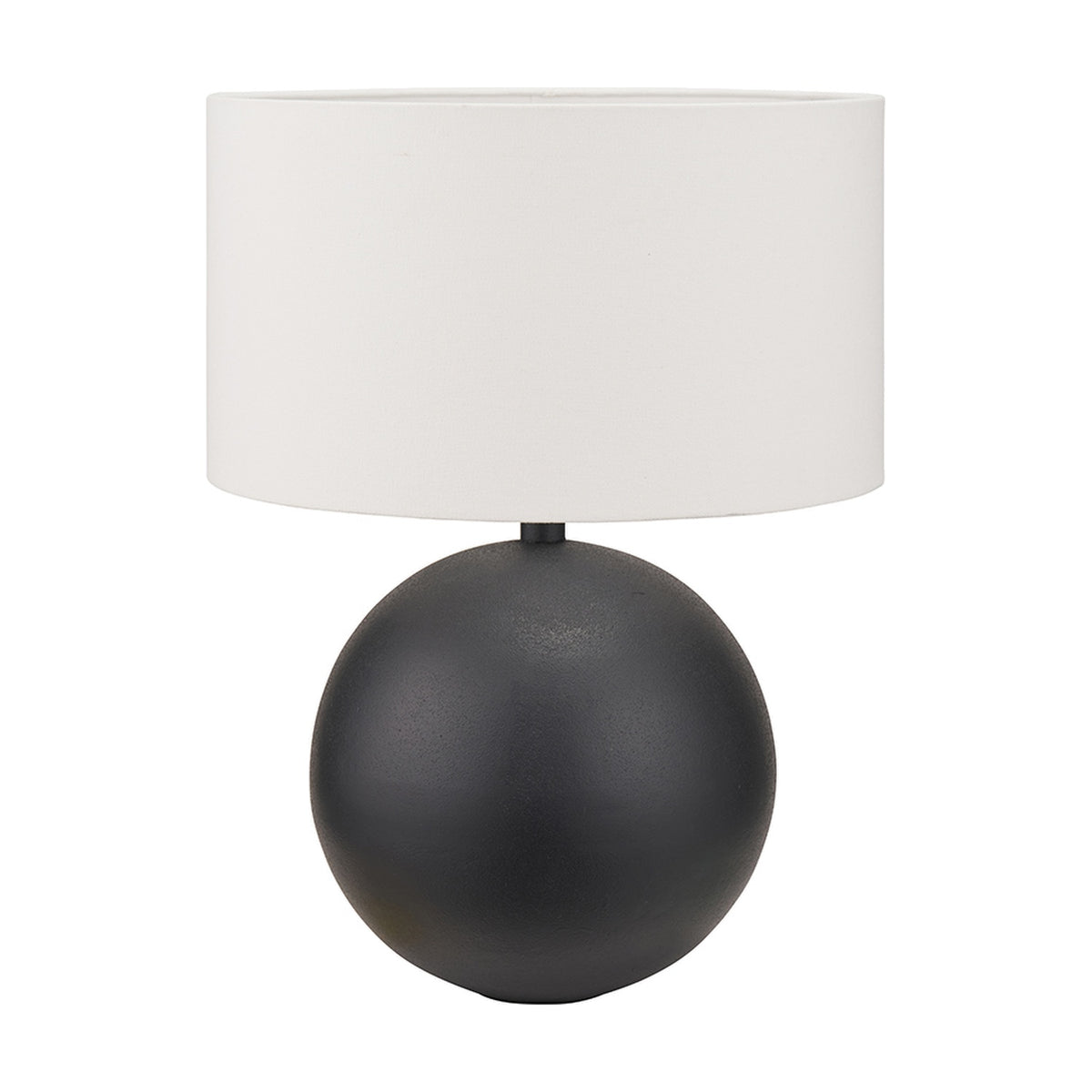 Benio table lamp with a matt black spherical aluminium base and a white drum shade, shown against a plain white background.
