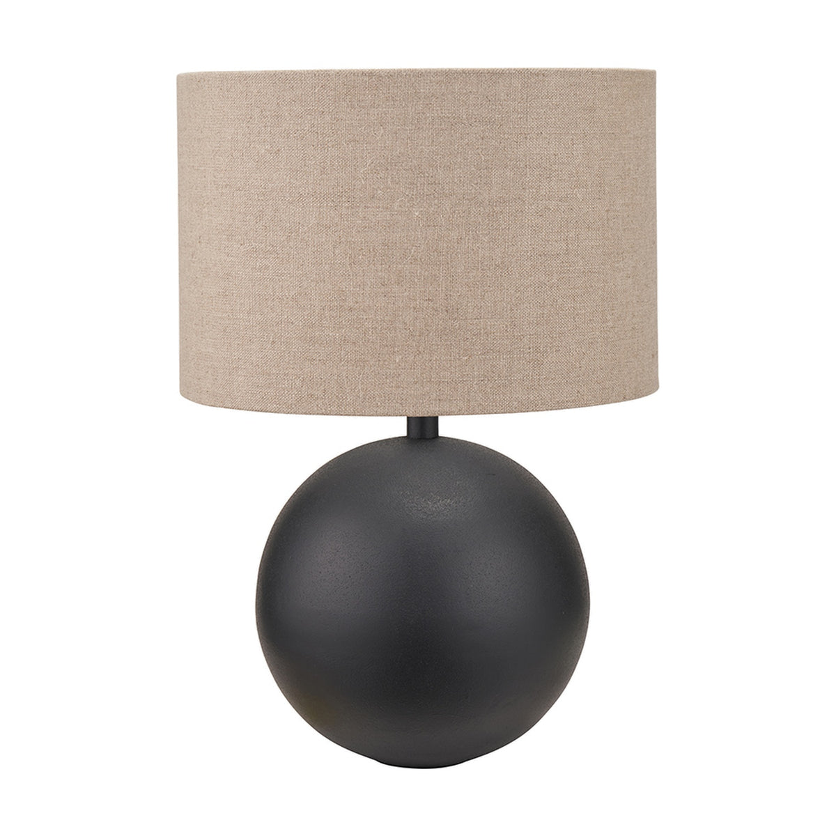 Benio table lamp with a matt black spherical aluminium base and a round natural linen drum shade, shown on a plain white background.