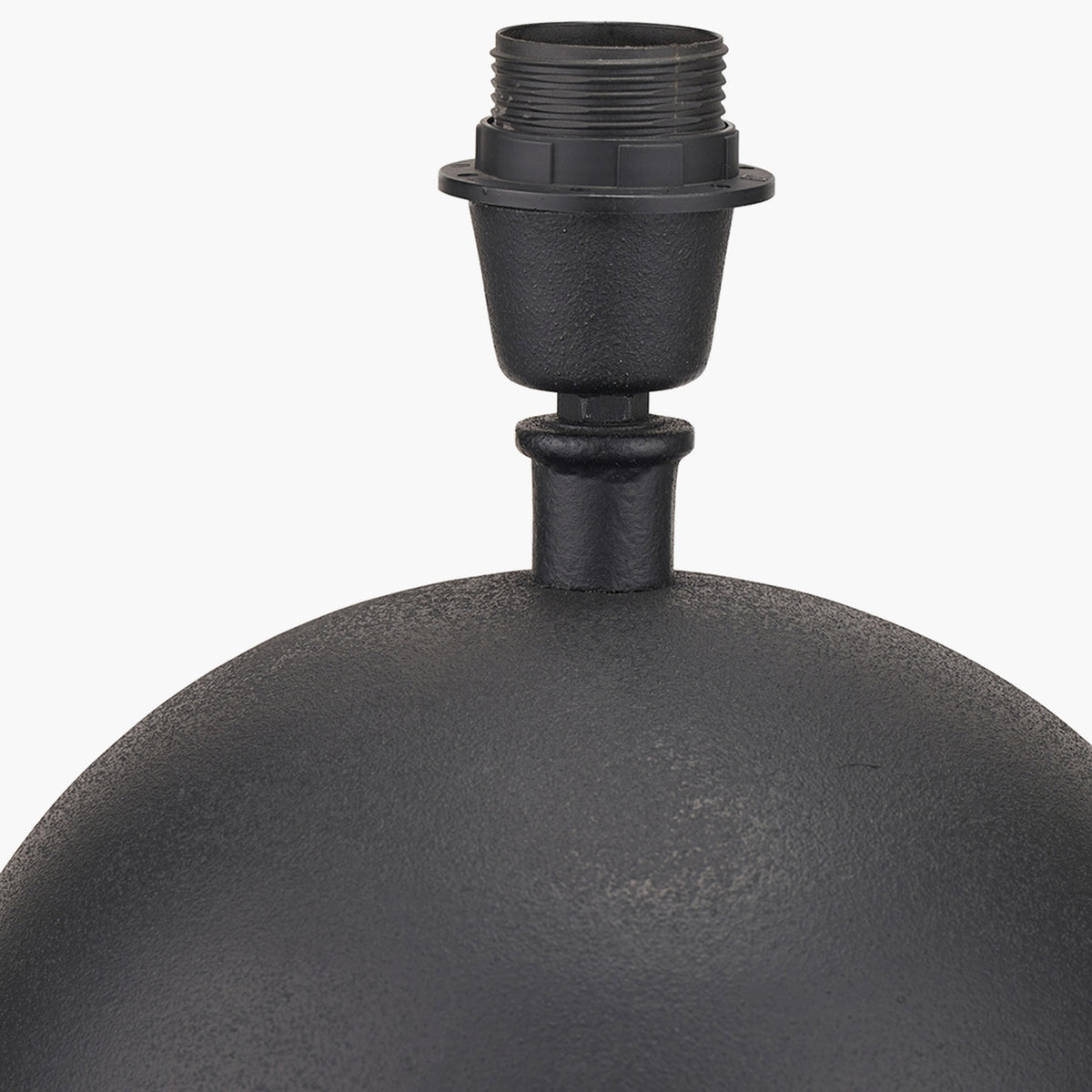 Close-up of the Benio Matt Black Aluminium Spherical Table Lamp Base showing the E27 lampholder fitting on the textured spherical body, against a plain white background.