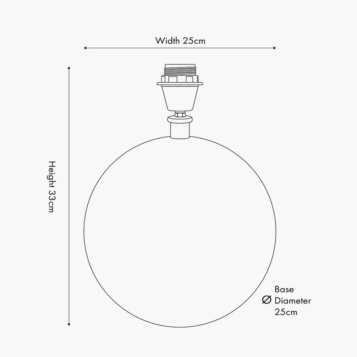 Line drawing of the Benio Matt Black Aluminium Spherical Table Lamp Base showing E27 fitting and dimensions: 25cm width, 33cm height, 25cm base diameter.