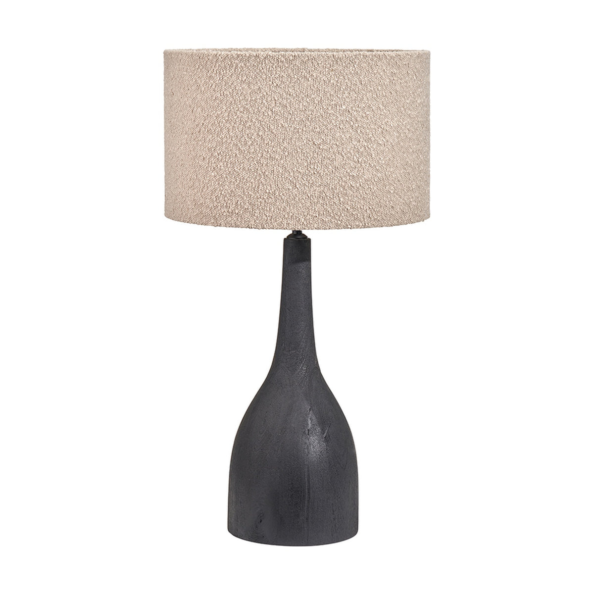 Corella Black Mango Curved Table Lamp Base, 54cm, with a beige boucle drum shade, shown on a plain white background.