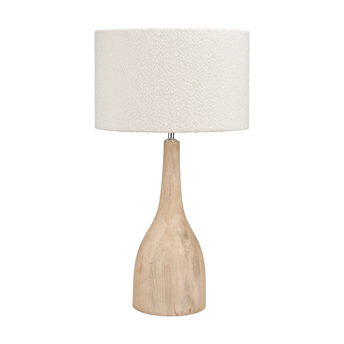 Corella Mango Curved Table Lamp Base, 54cm, in natural wood with a curved bottle-shaped silhouette and white textured drum shade, shown on a plain white background.