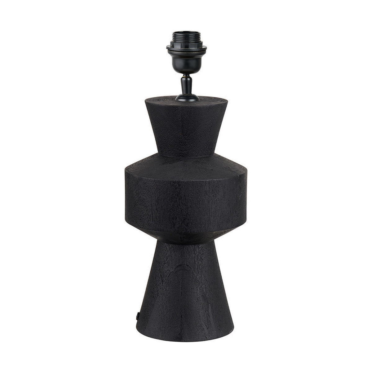 Koa Black Mango table lamp base, 43cm, with a sculptural hourglass and drum-shaped wood body and black metal fitting, shown on a plain white background.