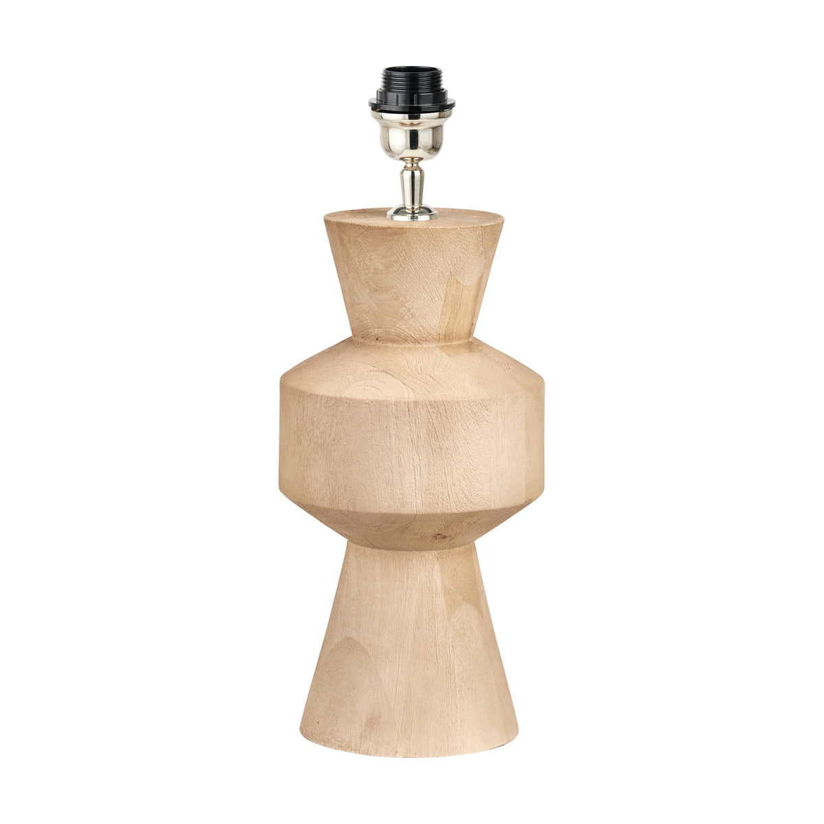 Koa Mango Contemporary Table Lamp Base, 43cm, with a sculptural natural wood turned base and chrome fitting for the bulb holder, shown on a plain white background.