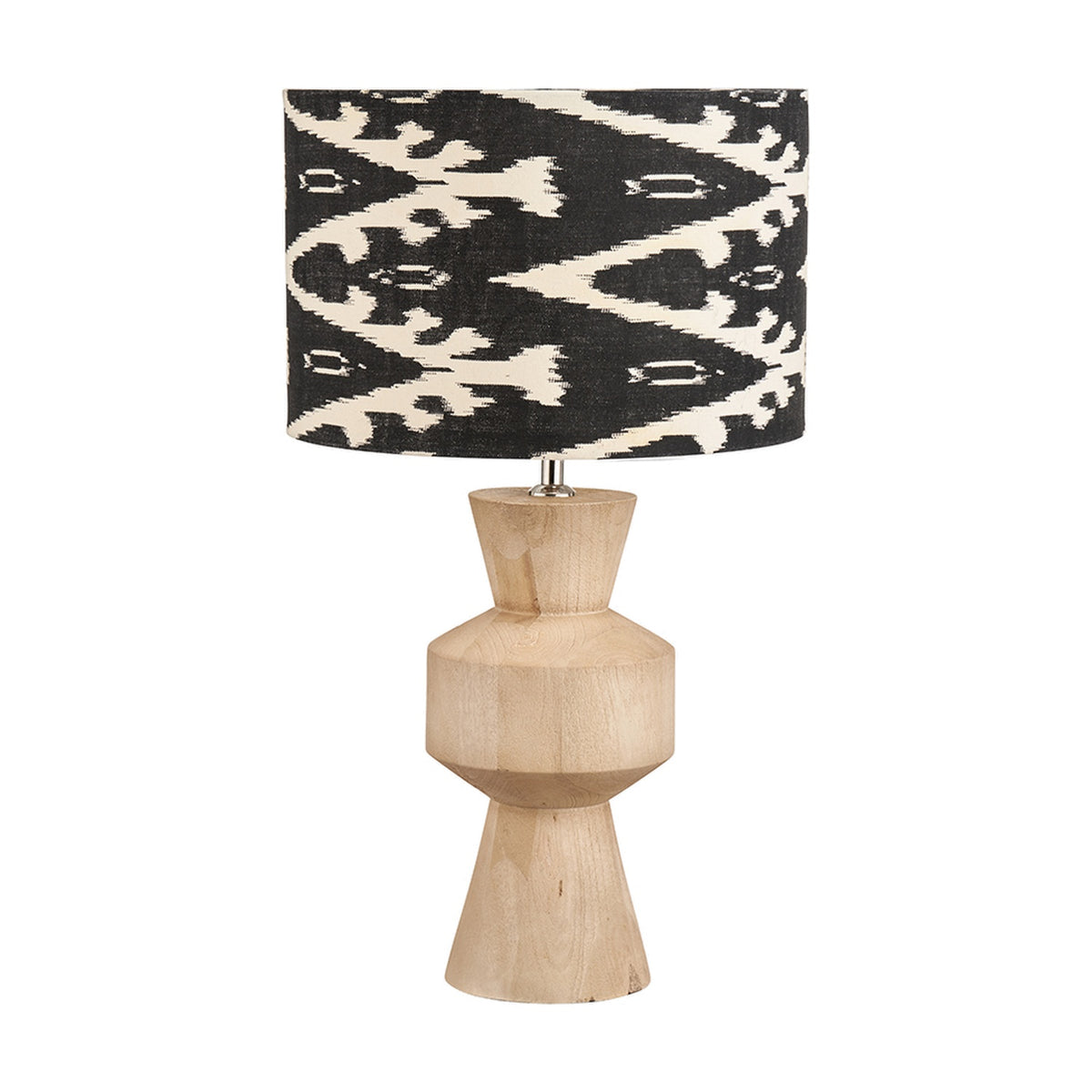 Koa Mango Contemporary Table Lamp Base, 43cm, with sculptural stacked wood forms in natural finish, shown with a black and cream ikat-patterned drum shade on a white background.