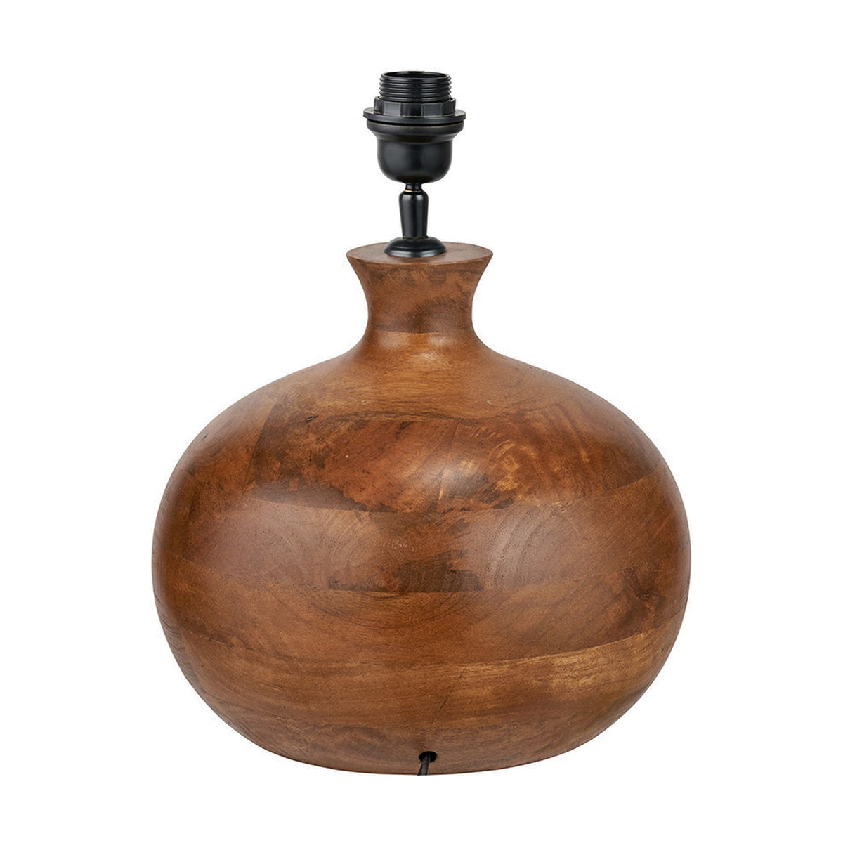 Kiah table lamp base with a bulbous mango wood body in a brown oiled finish and matte black E27 fitting, shown on a plain white background.