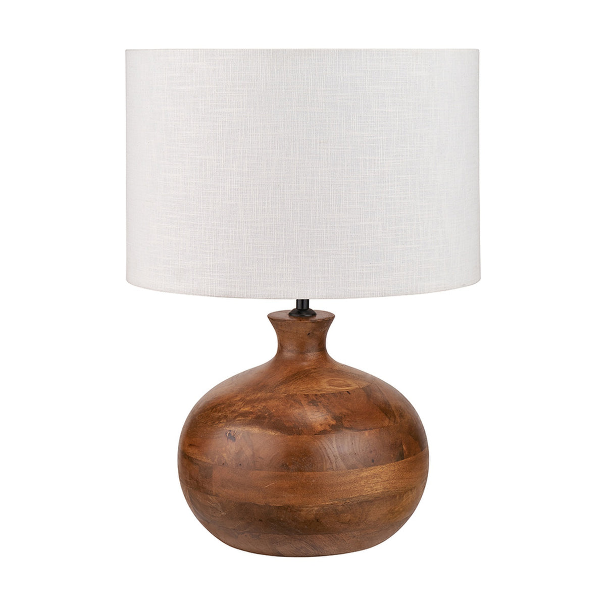 Kiah Brown Oiled Finish Mango Table Lamp with a rounded wood base and white drum shade, shown on a plain white background.