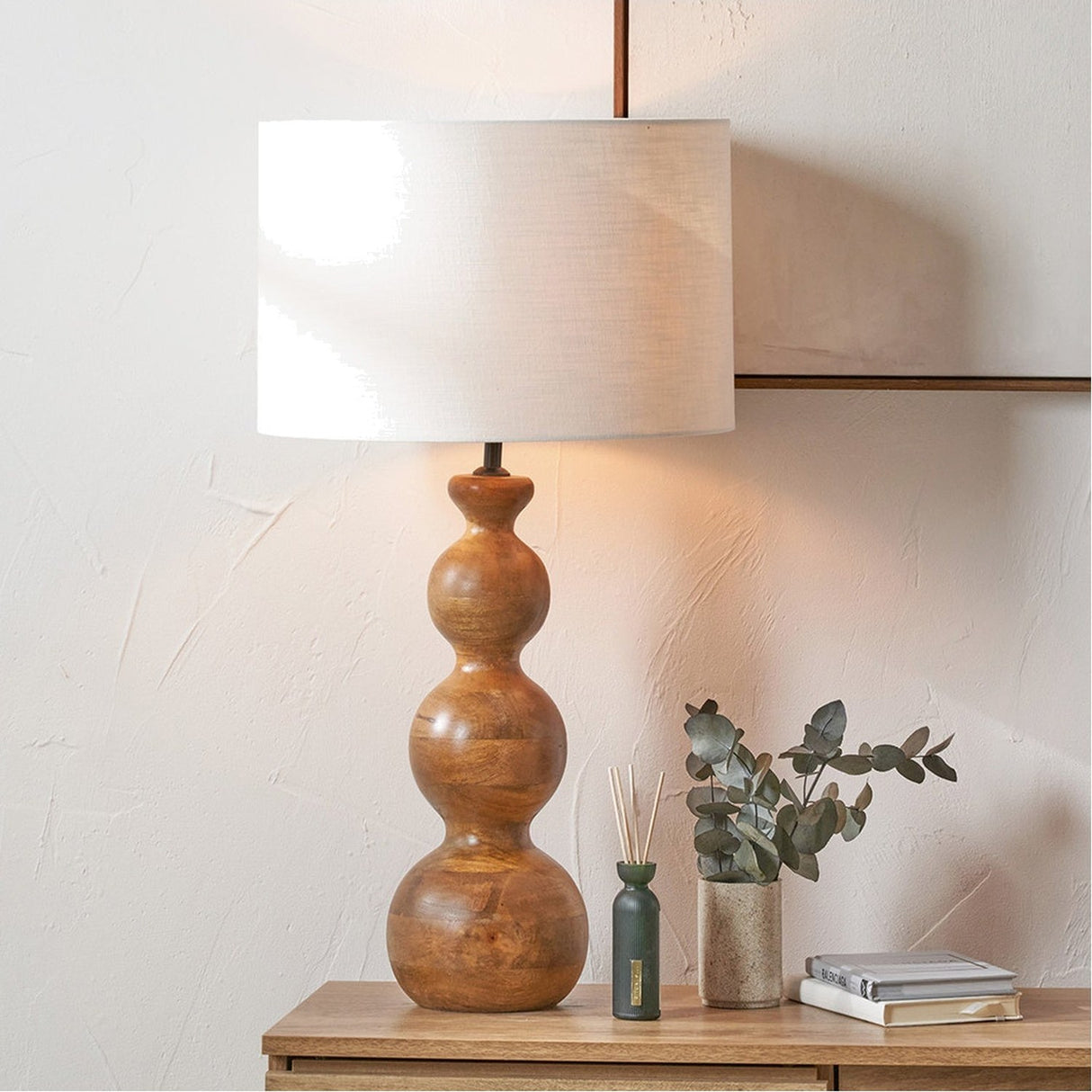 Nyari Brown Oiled Finish Mango 3 Ball Table Lamp with White Shade