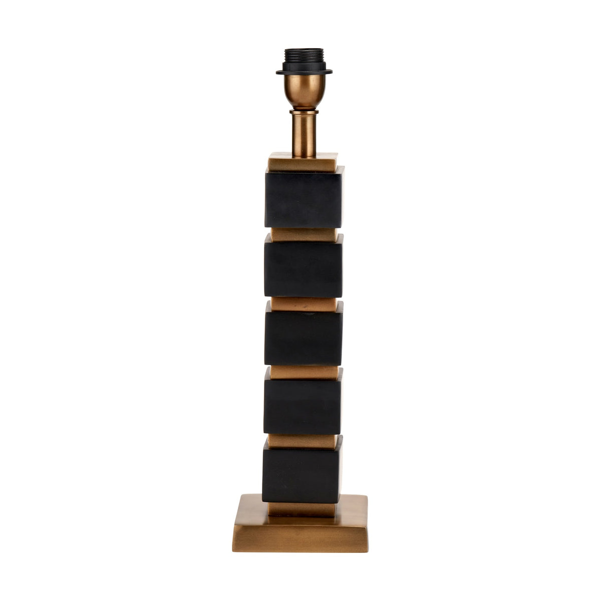 Maximo table lamp base, 49cm, with alternating matt black cube sections and antique brass rings on a square brass foot, shown on a plain white background.
