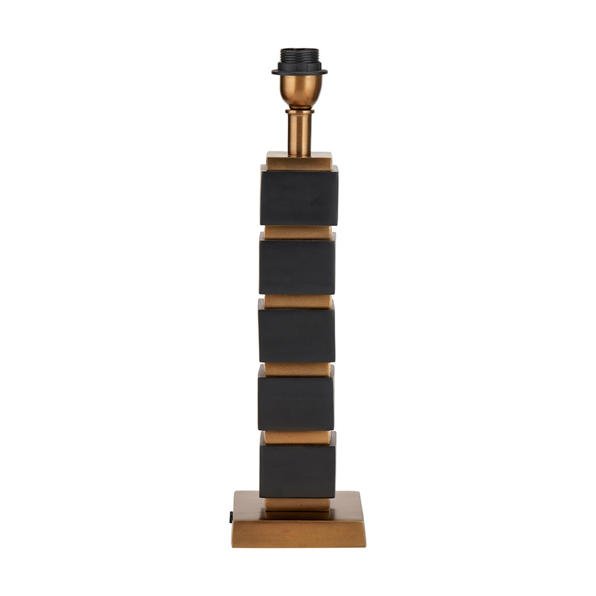 Maximo table lamp base, 49cm, with stacked matt black cube sections alternating with antique brass rings, brass fitting at top, on a square brass foot against a plain white background.
