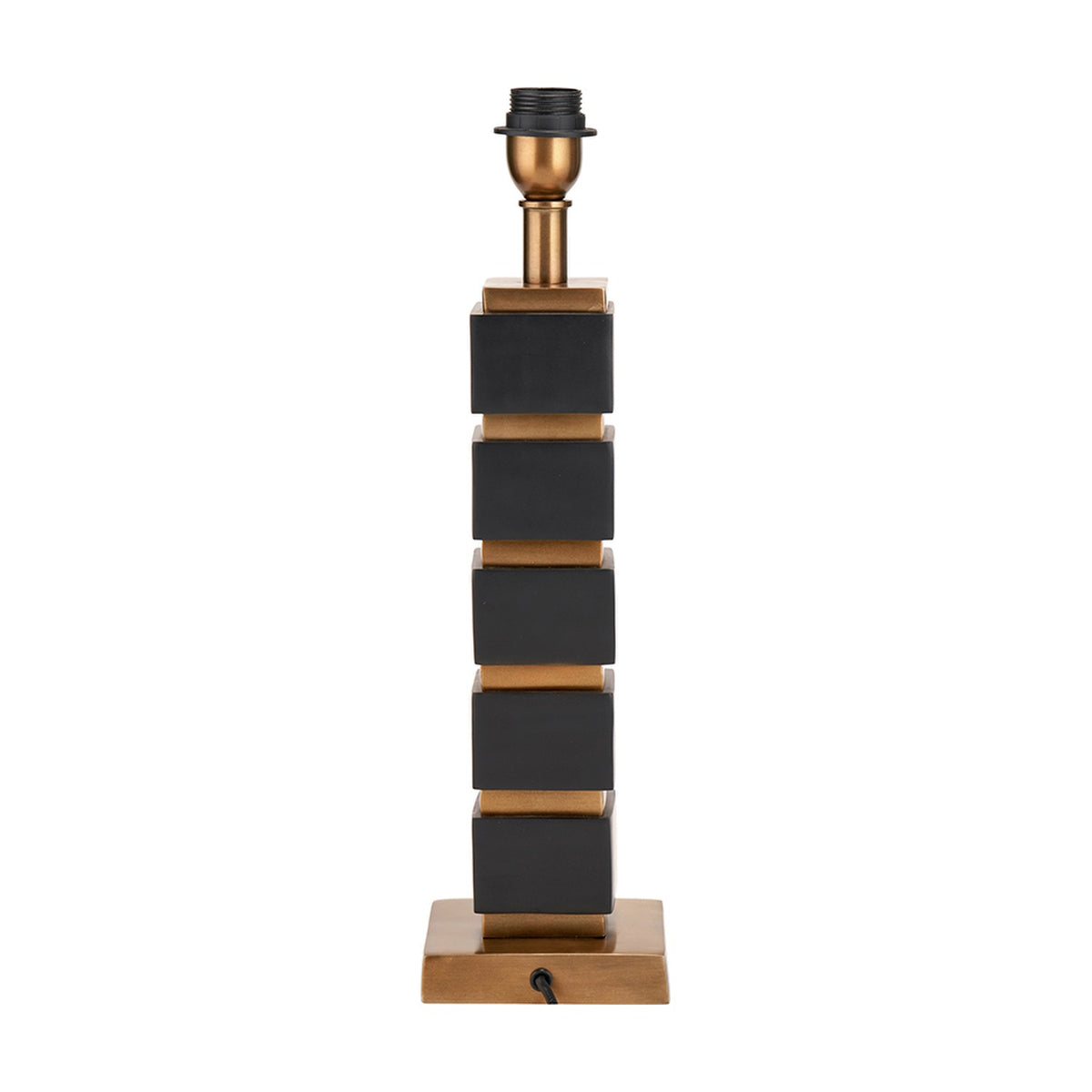 Maximo table lamp base, 49cm, with stacked matt black cube sections between antique brass rings, on a square brass foot with brass fitting, shown on a plain white background.