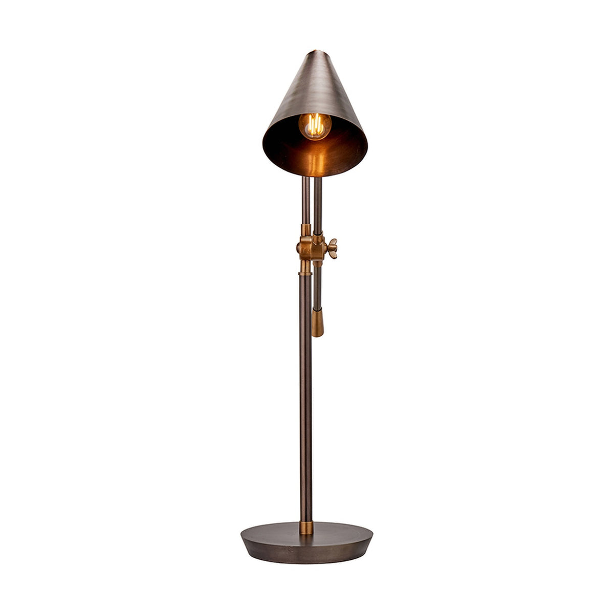 Emiliano Antique Bronze & Brass Adjustable Task Table Lamp with cone-shaped metal shade, exposed bulb, round base, and brass control knob, shown on a plain white background.