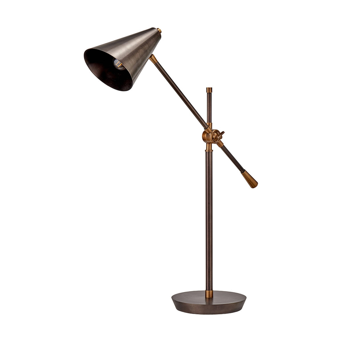 Emiliano adjustable task table lamp, 87cm, with a conical antique bronze shade on a pivoting arm and brass fittings along a bronze base and pole, shown on a plain white background.