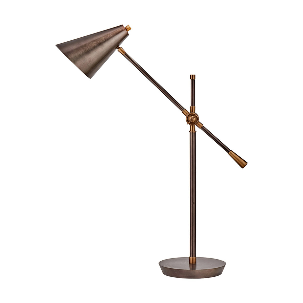 Emiliano adjustable task table lamp in antique bronze with brass fittings, conical shade and round base, shown on a plain white background.
