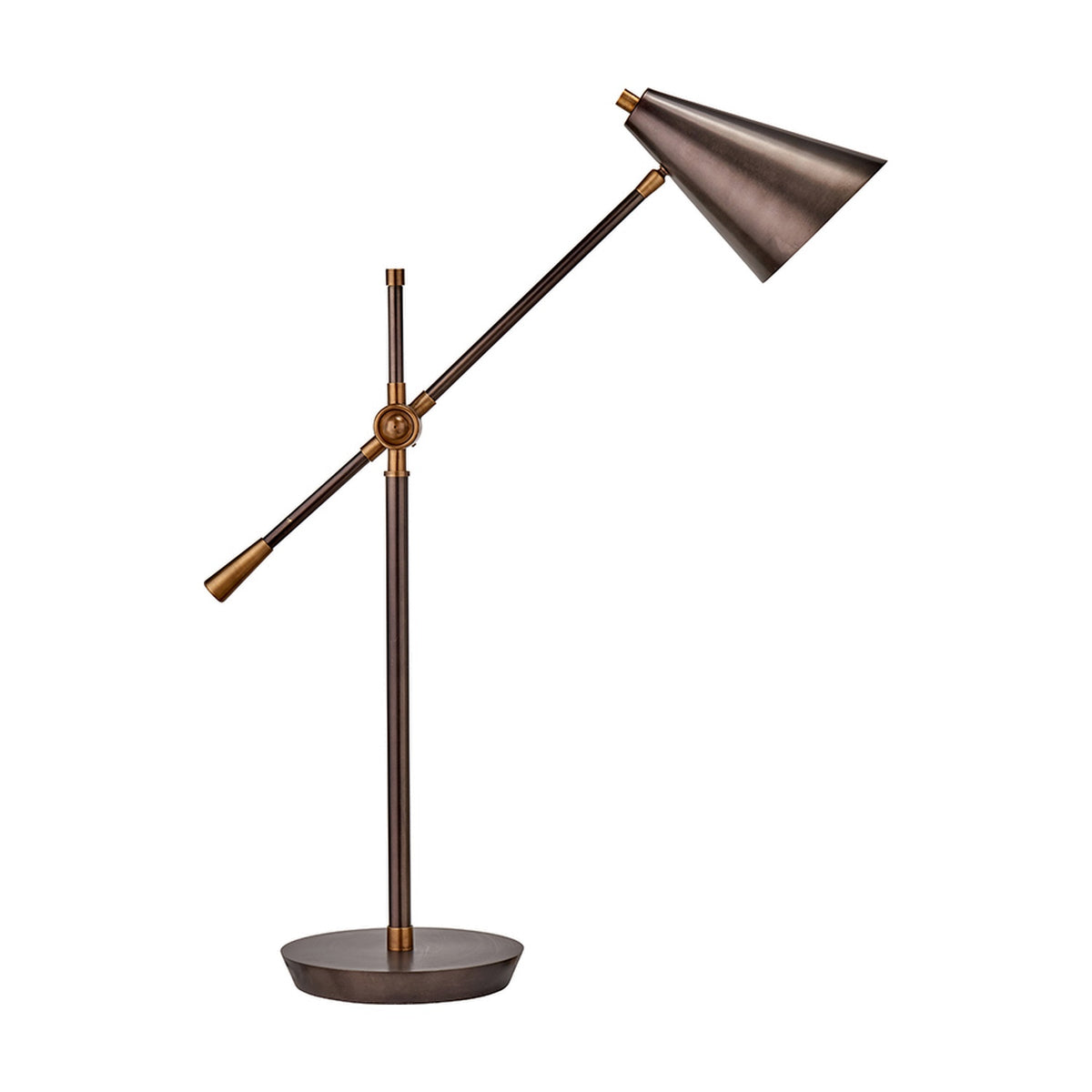 Emiliano Antique Bronze & Brass Adjustable Task Table Lamp with angled cone shade, weighted round base, and brass joint details on a plain white background.