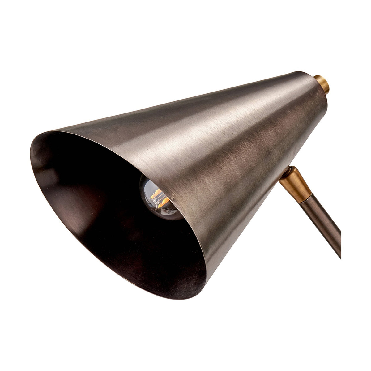 Close-up of the Emiliano Adjustable Task Table Lamp's cone-shaped shade in antique bronze with a brass detail joint, shown against a plain white background.