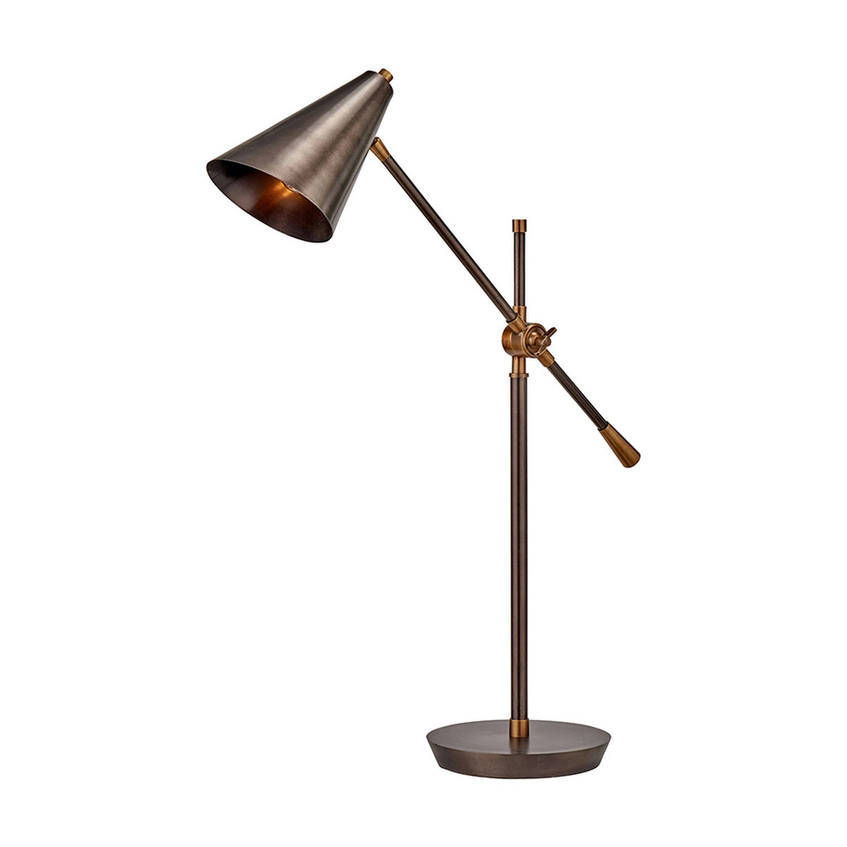 Emiliano Antique Bronze & Brass Adjustable Task Table Lamp with conical metal shade, angled arm, brass joints and round weighted base on a white background.