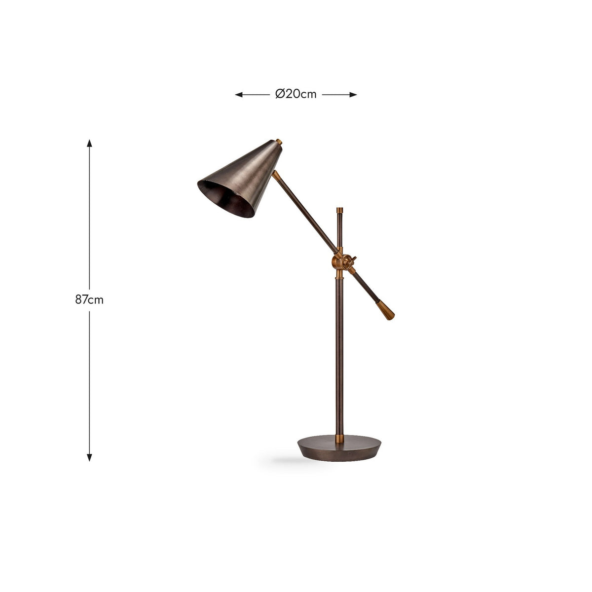 Emiliano Antique Bronze & Brass Adjustable Task Table Lamp, 87cm tall with a conical shade, angled arm, and round base, shown with dimensions on a white background.