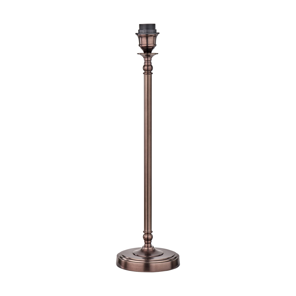 Piero Antique Bronze Candlestick Table Lamp Base, 59cm tall metal column with turned details on a round stepped foot, bulb holder exposed at top, set against a plain white background.